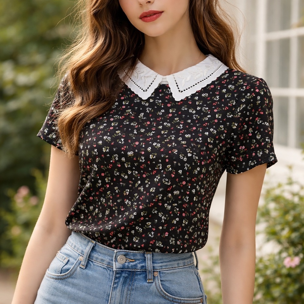 Black‎ ditsy floral top with embroidered white Peter Pan collar vintage inspired